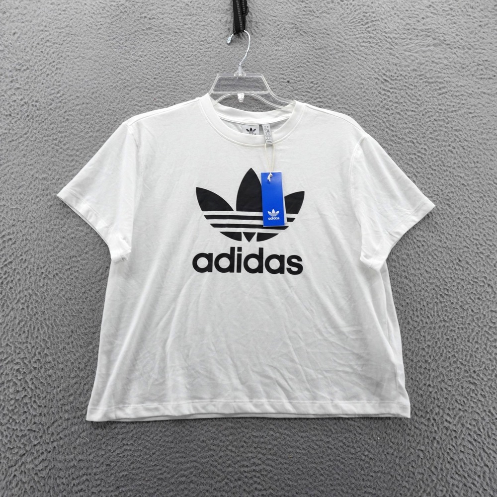 Adidas Originals Womens Trefoil Boxy Tee White Black Logo Shirt Medium NEW